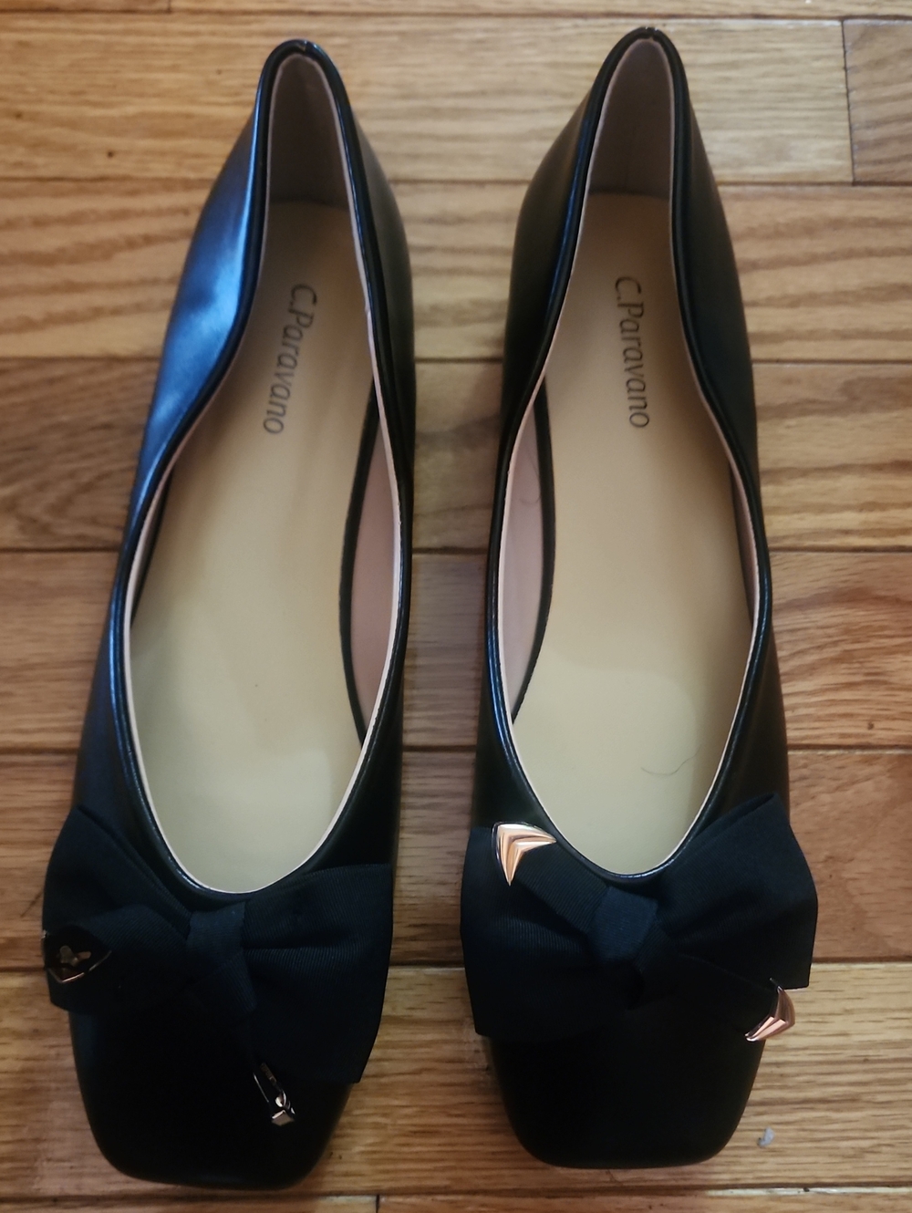 C. Paravano Black Leather Square Toe Bow Ballet Flats